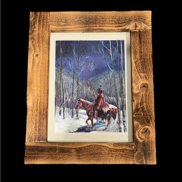 Vintage Native American Indian 3-D Effect Foil Art Print w/Rustic Wood Frame